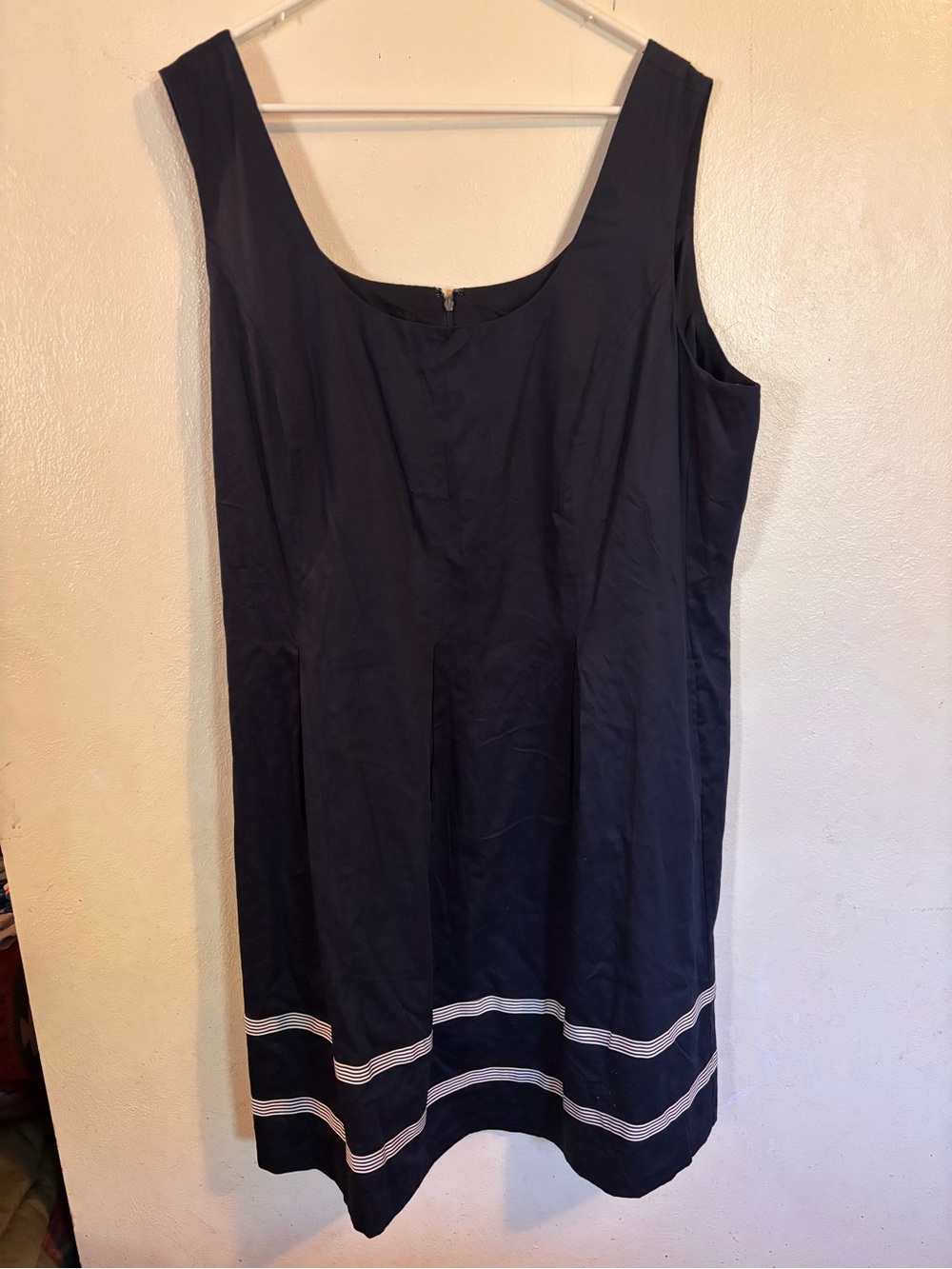 Navy Sleeveless A-Line Dress with White Stripe Hem 22W